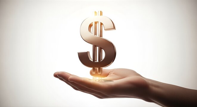 A hand gently holds a brightly glowing golden dollar sign, symbolizing wealth, success, investment, and financial growth. The illuminated symbol against a light background evokes prosperity.