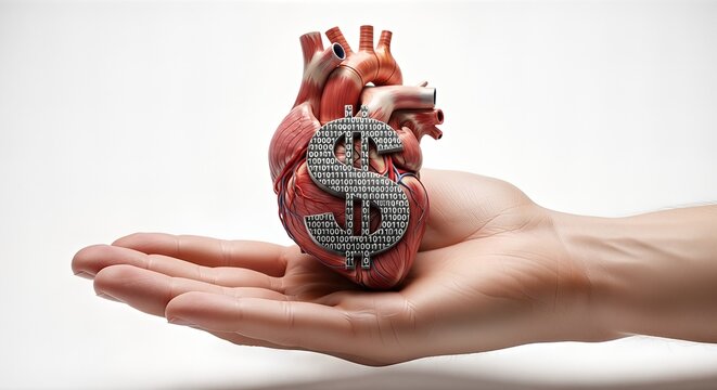 A human hand holds an anatomical heart model with a binary code dollar sign. This conceptual image symbolizes healthcare costs, digital data, and the value of health. Bright and clean.
