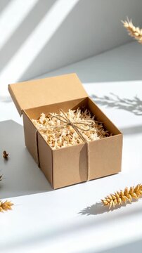 Open brown cardboard box filled with wood shavings and twine on a white surface with sunlit shadows.