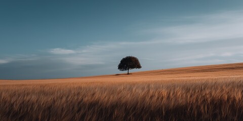 A lone tree stands against a blue sky, surrounded by rolling fields of golden wheat swaying in the breeze.