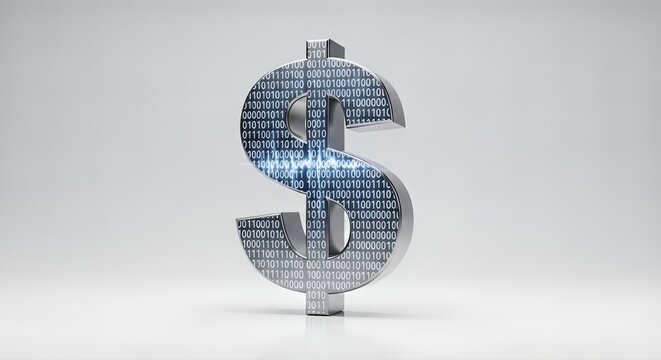 A gleaming 3D dollar sign features glowing blue binary code, symbolizing digital finance, cryptocurrency, or global electronic transactions against a clean white background.