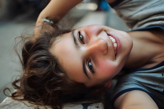 Smiling young woman with freckles and green eyes lies down outdoors in the city