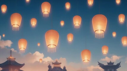 Glowing paper lanterns float against a blue sky with soft clouds and pagodas below - Powered by Adobe