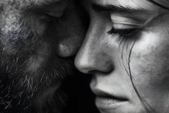 Close up black and white image of a couple embracing each other tenderly