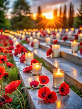 Elegant lit candles surrounding a VE Day memorial with red poppies and white flowers at dawn
