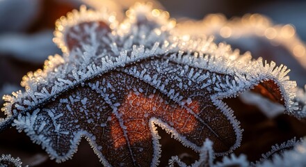 Fototapeta premium Close up of a frosty leaf with intricate ice crystals illuminated by warm sunlight.