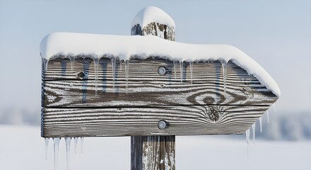 Wooden signpost covered with snow and icicles on a winter day