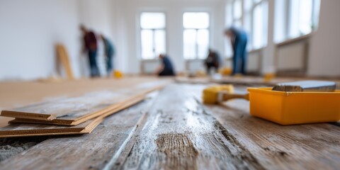 Team collaborating on hardwood floor installation in a well-lit room, showcasing renovation efforts and teamwork in progress.