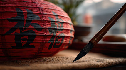 Vibrant red lantern symbolizes Chinese festival, while brush rests nearby, evoking beauty of poem on this special occasion