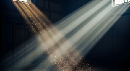 Ethereal Light Beams Illuminating Dust Motes in Dark Room Creating Dreamlike Atmosphere with Window Rays