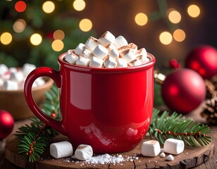 Köstliche heiße Schokolade mit Marshmallows in einer roten Tasse.