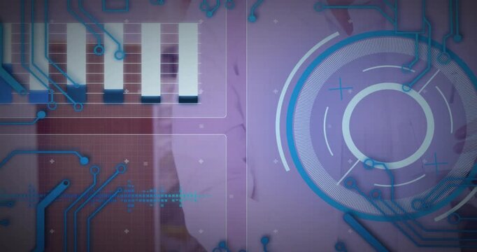 HUD overlays sliding in, lab tech inspecting work surface, reaching pens and recording lab data - Powered by Adobe