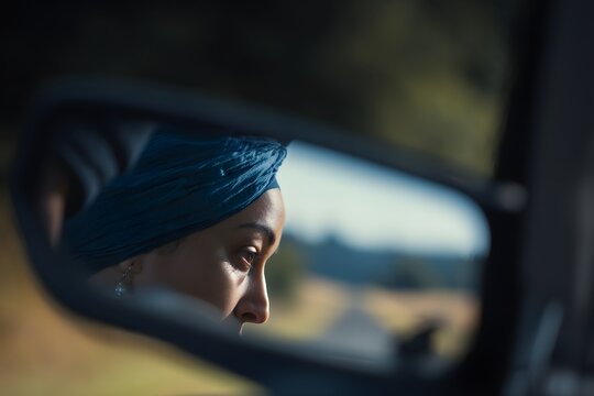 Woman with blue headscarf gazes into the side mirror of her car on a road trip