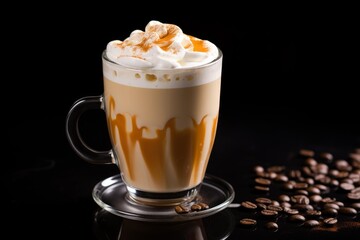 Caramel latte coffee with whipped cream and cinnamon powder in a clear glass mug on black background