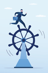 Businessman runs on a steering wheel. Leadership, business people choose direction for business. Entrepreneur use rudder for finding route, search for right way of business development.