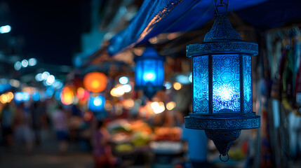 Blue Lantern Glowing Gently in a Bustling Night Market Full of Lights