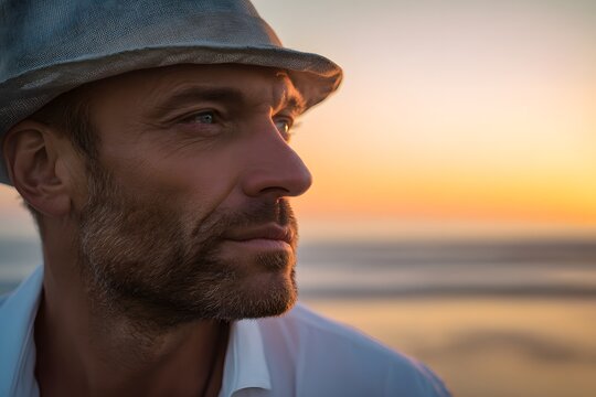 Contemplative man in hat gazes towards sunset at the beach with a calm and peaceful expression - Powered by Adobe