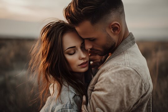 Couple embraces in a field during sunset, sharing a tender moment of connection