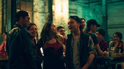 in this scene an artsy group of diverse 25-30 year old friends have their weekly get together at a local brewery in Philadelphia Kensington neighborhood, the group is standing around talking and laugh