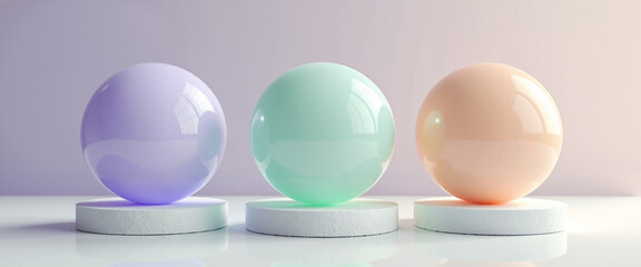 Colorful glossy spheres displayed on white pedestals in soft light