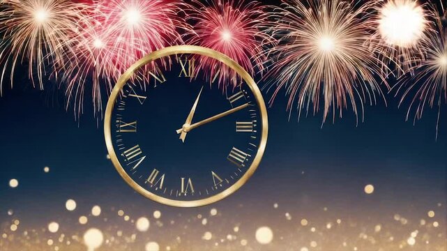 A golden clock showing the time of midnight with fireworks in the background