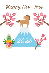 かわいい午年の年賀状イラスト。2026年、馬、正月