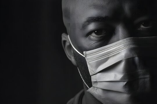 Black and white portrait of an african american man wearing a face mask