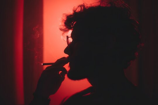 Silhouette of a man smoking with red light on the background