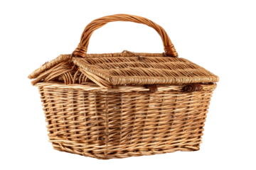 A classic rectangular wicker basket with a hinged lid and handle, perfect for picnics