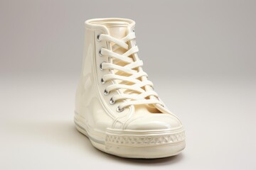 Cream colored ceramic vase shaped like a high top sneaker creating decorative contemporary art