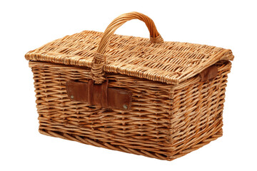 Wicker picnic basket with handle and leather closures, closed