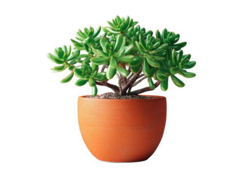 Lush green succulent plant with rounded leaves in an orange clay pot against a black background
