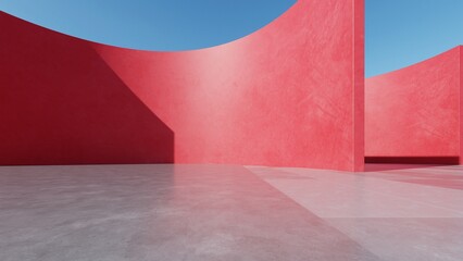 Abstract red curved architecture background, Empty curve wall space with concrete floor, Modern exterior backdrop, Minimal building, 3d rendering