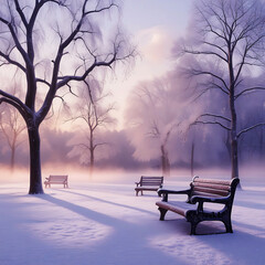 Peaceful Winter Morning Park with Snow-Covered Benches and Soft Sunrise Light.