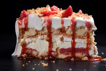 Strawberry shortcake layered with vanilla cream, biscuits, and crumble on a dark background