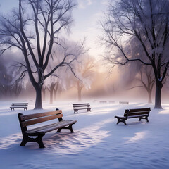 Peaceful Winter Morning Park with Snow-Covered Benches and Soft Sunrise Light.