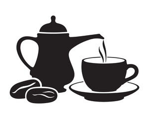  Black silhouette of a coffee pot pouring into a cup with coffee beans silhouette