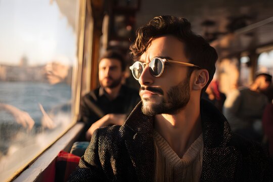 Contemplative man with beard riding ferry in golden hour light
