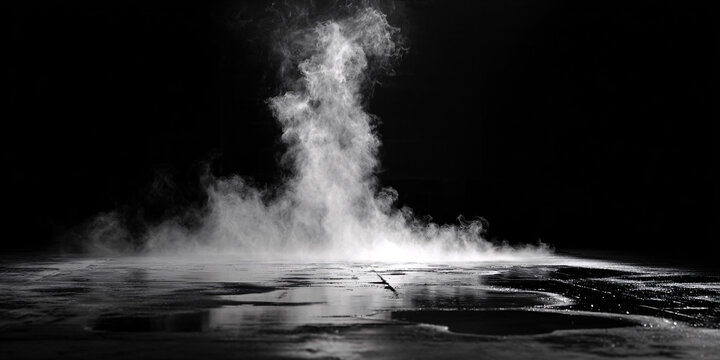White smoke or water mist rising from dark floor with dramatic effect for abstract background