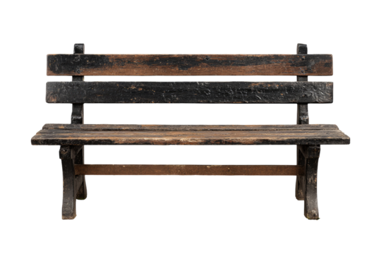 A weathered park bench with black painted armrests and wooden slats, isolated on black
