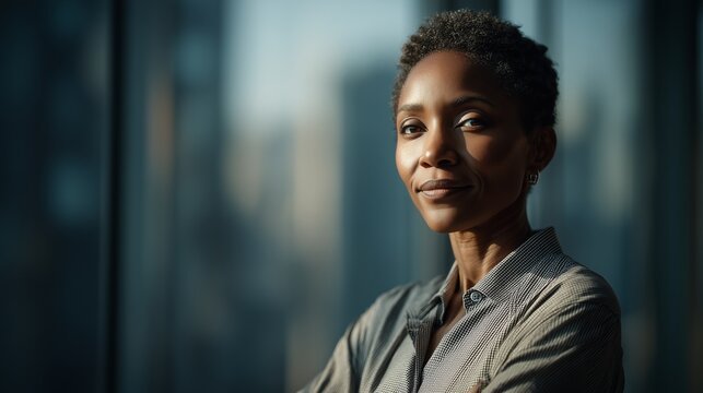 Confident woman poses in a modern office setting with a cityscape backdrop during the afternoon