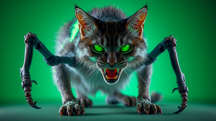 Cybernetic feline with robotic arms hisses menacingly