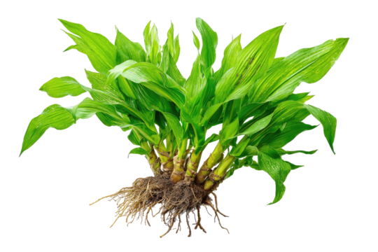 A vibrant green plant with broad leaves, exposed roots, and a black background