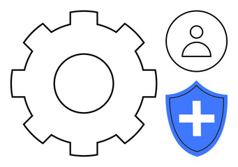 Gear for settings, user icon, and a shield with cross for security highlight user protection. Ideal for technology, security, management, healthcare, data user interface services. Simple flat