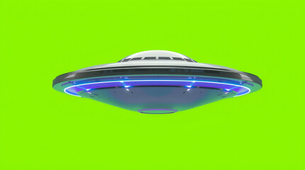 Sleek UFO hovering against green backdrop