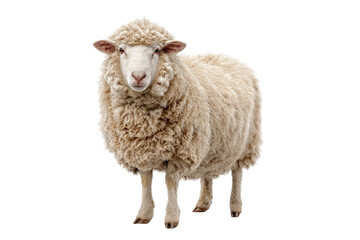 Fototapeta premium Fluffy, woolly sheep standing, looking forward, with light background