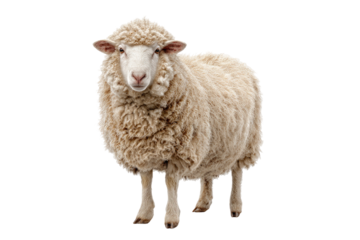 Fluffy, woolly sheep standing, looking forward, with light background