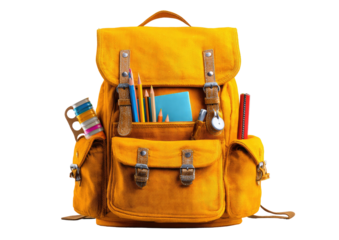 Bright yellow backpack filled with school supplies against a transparent background