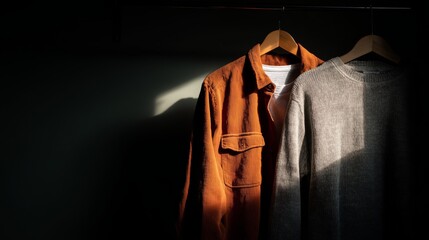 A vibrant orange shirt and neutral sweater hang gracefully in soft natural light, showcasing rich textures and warmth.