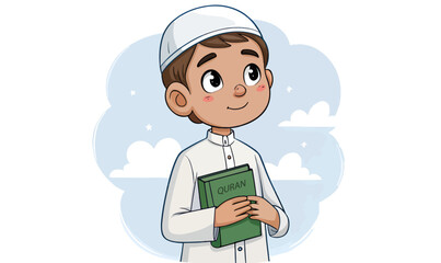 Young Muslim Boy Holding Quran, Muslim boy, cartoon illustration, Quran, Arabic book, white cap, white shirt, peaceful expression, calm face, stylized art, Islamic theme, religious reverence,